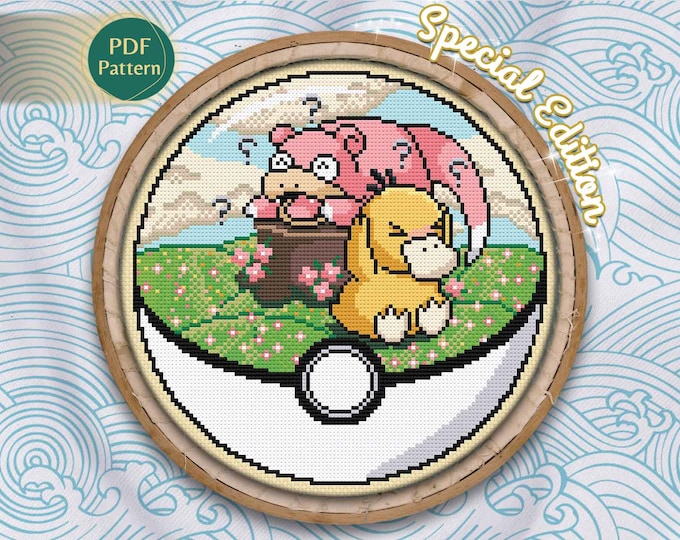 Psyduck & Slowpoke Pokeball Cross Stitch PDF – Water/Psychic Type, Counted Pattern, Green Meadow, White Clouds, Instant Download