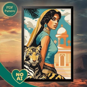 Patrón Punto de Cruz Jasmine PDF – Princesa, Tigre Rajah, Palacio del Sultán, Noche en el Desierto, Descarga Instantánea