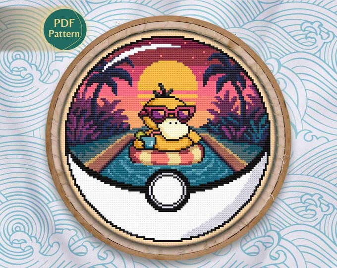 Psyduck Pokeball Cross Stitch PDF – Water Type Pattern, Summer Pool Scene, Miami Beach Vibes, Cocktail & Swim, Instant Download