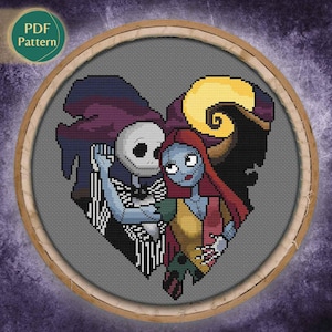 Patrón Punto de Cruz Amor Gótico – Pareja de Esqueletos, Romance Tenebroso, Estilo Kawaii, Corazones, PDF Descargable