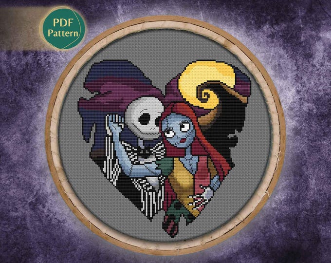 Patrón Punto de Cruz Amor Gótico – Pareja de Esqueletos, Romance Tenebroso, Estilo Kawaii, Corazones, PDF Descargable