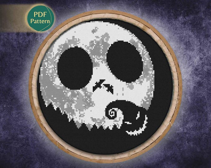 Halloween Skeleton & Shadow Monster Cross Stitch Pattern – Spooky Gothic Design, Dark Fantasy, Instant PDF Download