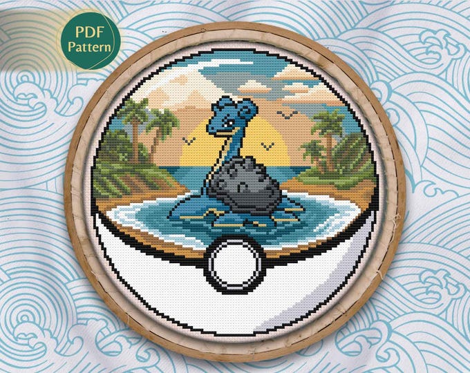 Lapras Pokeball Cross Stitch PDF – Water/Ice Type Pattern, Tropical Island, Ocean Sunset, Palm Trees, Summer Stitch, Instant Download