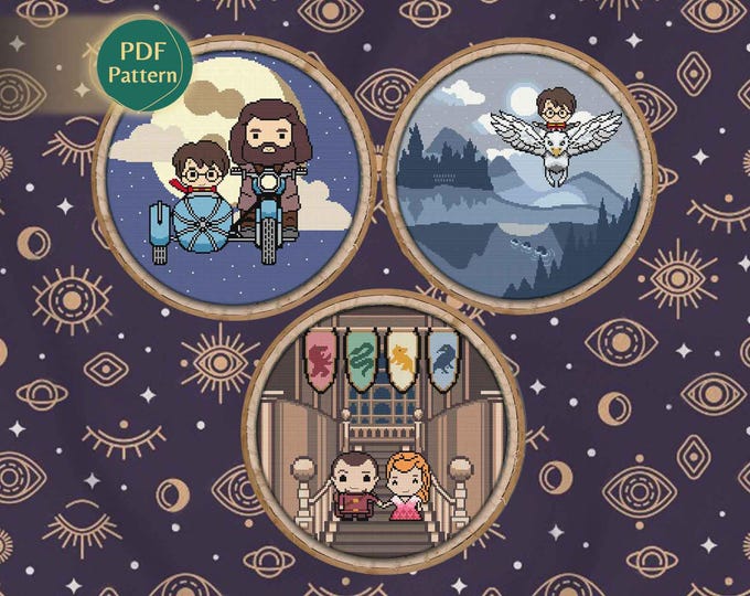 Wizard Starter Cross Stitch PDF Pack – 3 Magical Patterns: Witch, Giant, Hippogriff, Flying Bike, Dark Forest & Winter Ball