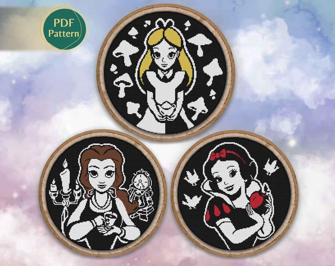 Princesses Cross Stitch PDF Pack – 3 Patterns: Belle, Alice and Snow White, Mushrooms, Apple, Birds, Candle, Silhouette, Wonderland, PDF