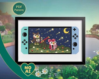 Cozy Owl Stargazing Cross Stitch Pattern: Night Sky Telescope Scene (PDF Pattern, Beginner-Friendly)