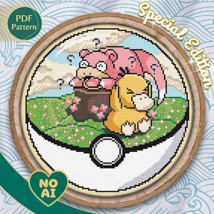 Psyduck Slowpoke Inspired Meadow Terrarium Cross Stitch Pattern PDF