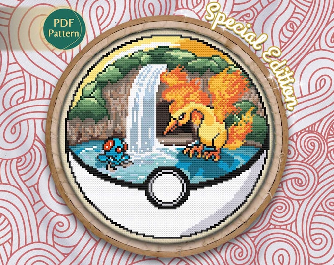 Moltres & Tentacool Pokeball Cross Stitch PDF – Fire/Flying Type Pattern, Cave Waterfall, Sea Scene, Earth Tones, Instant Download