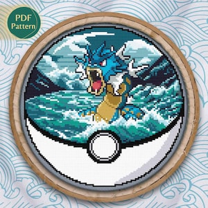 Gyarados Pokeball Cross Stitch PDF – Water/Flying Type Pattern, Ocean Storm, Blue & Turquoise Waves, Counted Stitch, Instant Download