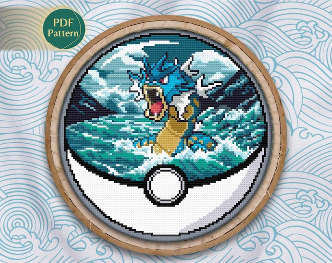 Gyarados Pokeball Cross Stitch PDF – Water/Flying Type Pattern, Ocean Storm, Blue & Turquoise Waves, Counted Stitch, Instant Download