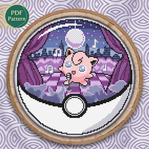 Patrón Punto de Cruz Jigglypuff PDF – Pokeball Tipo Normal/Hada, Escena de Canto, Magenta y Violeta, Concierto Retro, Descarga Instantánea