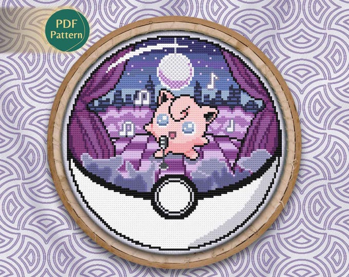 Jigglypuff Pokeball Cross Stitch PDF – Normal/Fairy Type Pattern, Singing Scene, Magenta & Violet, Retro Concert, Instant Download