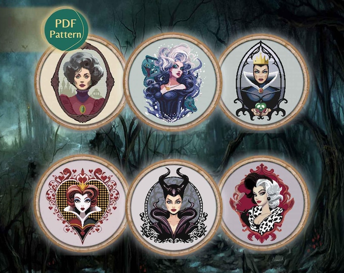 Female Villainesses Cross Stitch PDF Pack – 6 Patterns: Maleficent, Ursula, Queen of Hearts, Evil Queen, Lady Tremaine, Cruella, Instant PDF