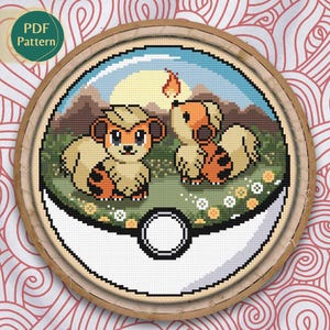Motif de point de croix de type feu, terrarium Pokeball Growlithe, point de croix compté, cottagecore, kawaii, pissenlit, coucher de soleil, orange, motif