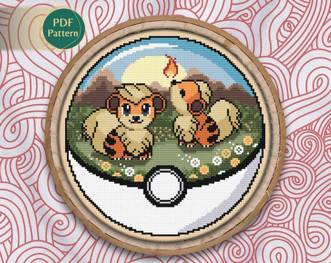 Growlithe Pokeball Cross Stitch PDF – Fire Type Pattern, Counted Stitch, Cottagecore Sunset, Kawaii Dandelions, Orange, Instant Download