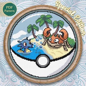 Watertype kruissteekpatroon, Pokeball-terrarium Krabby en Horsea, kruissteek, strand, zon, zomer, tropisch, eiland, zand, zee, bubbel