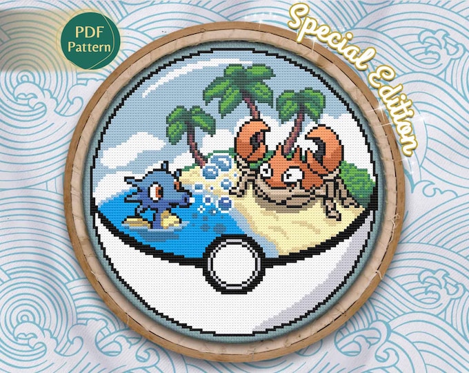 Krabby & Horsea Pokeball Cross Stitch PDF – Water Type Pattern, Tropical Beach, Sea Bubbles, Island Sand, Summer Stitch, Instant Download