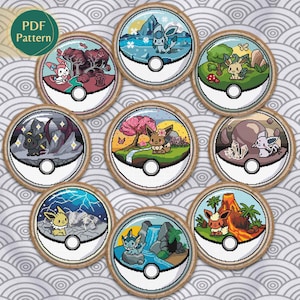 Pack PDF Punto de Cruz Pokeball Eeveelutions – 9 Patrones: Eevee, Vaporeon, Jolteon, Flareon, Espeon, Umbreon, Glaceon, Leafeon, Sylveon