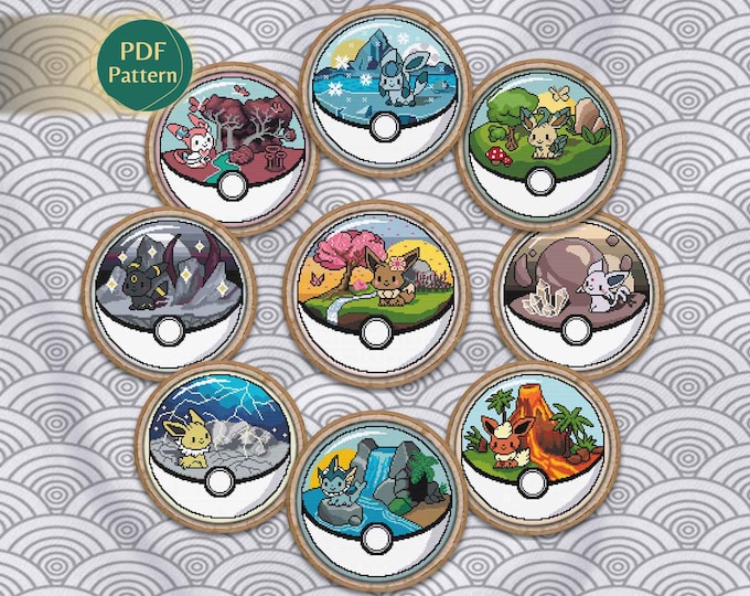 Eeveelutions Pokeball Cross Stitch PDF Pack – 9 Patterns: Eevee, Vaporeon, Jolteon, Flareon, Espeon, Umbreon, Glaceon, Leafeon, Sylveon