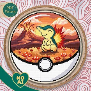 Cyndaquil Inspired Kawaii Cozy Campfire Terrarium Cross Stitch Pattern PDF