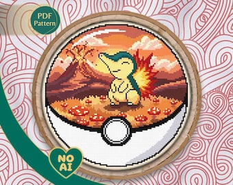 Cyndaquil Inspired Kawaii Cozy Campfire Terrarium Cross Stitch Pattern PDF