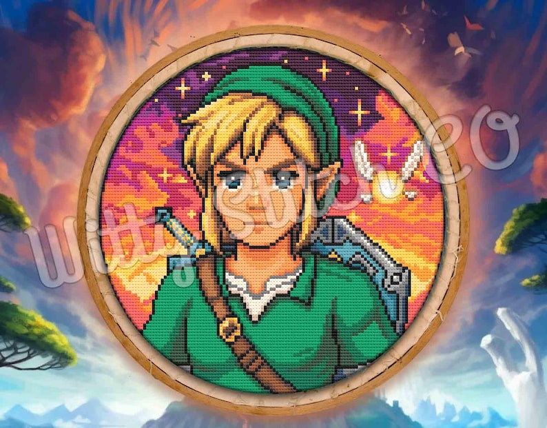 May include: A pixelated embroidery hoop featuring a character from a video game. The character has blonde hair, a green tunic, and a sword. The background is a colorful sunset with birds.