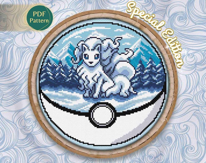 Ninetales Alolan Pokeball Cross Stitch PDF – Ice/Fairy Type Pattern, Winter Stitch, Snowflake, Frozen Landscape, Instant Download