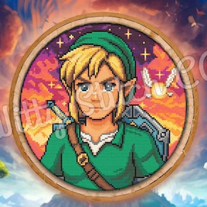 May include: A pixelated embroidery hoop featuring a character from a video game. The character has blonde hair, a green tunic, and a sword. The background is a colorful sunset with birds.