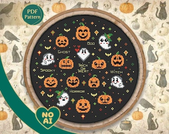 Patrón Punto de Cruz Truco o Trato PDF – Estilo Gótico, Fantasmas, Murciélagos, Halloween, Calabazas, Deco Tenebrosa, Descarga Instantánea