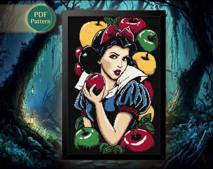 Snow White Cross Stitch Pattern PDF – Apples, Fairest Princess, Forest, Magic Mirror, Instant Download