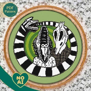 Patrón Punto de Cruz Geena y Adam PDF – Inspirado en Beetlejuice, Estilo Psicodélico, Monstruo Gusano de Arena, Descarga Instantánea