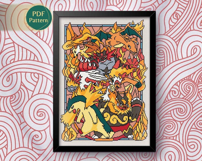 Fire Guardian Cross Stitch PDF – Stained Glass Style Pattern, Flame Creatures, Lava Fantasy Design, Instant Download