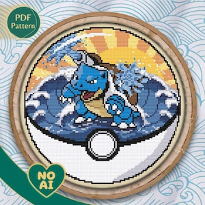 Patrón punto de cruz inspirado en Blastoise en terrario Chorros Agua