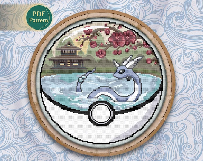 Dragonair Pokeball Cross Stitch PDF – Dragon Type Pattern, Counted Stitch, Sakura, Japanese House, Kawaii Pastel, Instant Download