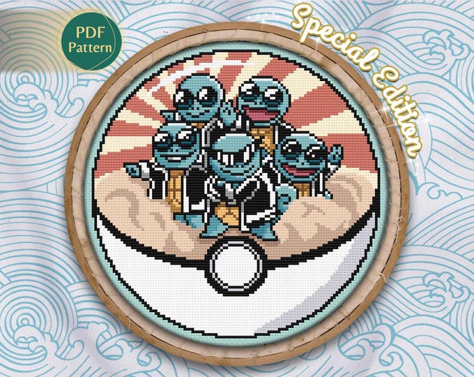 Squirtle Squad Pokeball Cross Stitch PDF – Water Type Pattern, Counted Stitch, Firefighters, Bubbles, Cute & Colorful, Instant Download