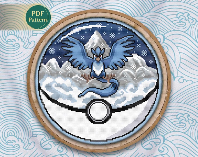 Articuno Pokeball Cross Stitch PDF – Ice/Flying Type Pattern, Legendary Bird, Snowy Mountain Scene, Winter Design, Instant Download