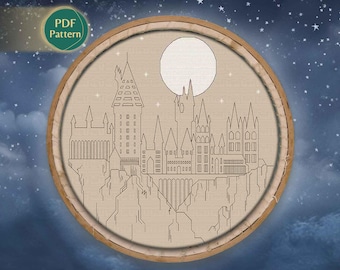 Wizard School Blackwork Pattern PDF – Magical Castle, Starry Night, Fantasy Kingdom Scene, Wizard World Design, Instant Download