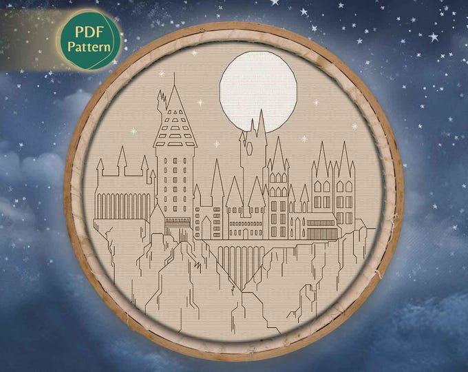 Wizard School Blackwork Pattern PDF – Magical Castle, Starry Night, Fantasy Kingdom Scene, Wizard World Design, Instant Download