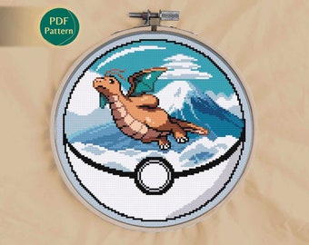 Dragon/Flying Type Cross Stitch Pattern, Pokeball terrarium Dragonite, Cross Stitch, Mount Fuji, Clouds, Shades of blue, Flying in the sky