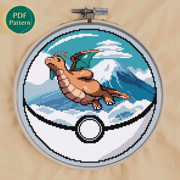 Patrón de punto de cruz tipo dragón, Pokeball terrario Dragonite, Punto de cruz, Monte Fuji, Nubes, Tonos de azul, Volando en el cielo, pdf