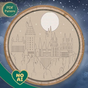 Wizard School Castle Blackwork Fantasy Scene Cross Stitch Pattern PDF