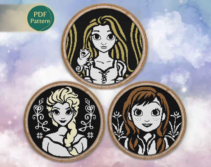 Princesses Cross Stitch PDF Pack – 3 Patterns: Elsa, Anna and Rapunzel, Tangled, Frozen, Pascal, Lanterns, Rapunzel’s Floating Lights, PDF