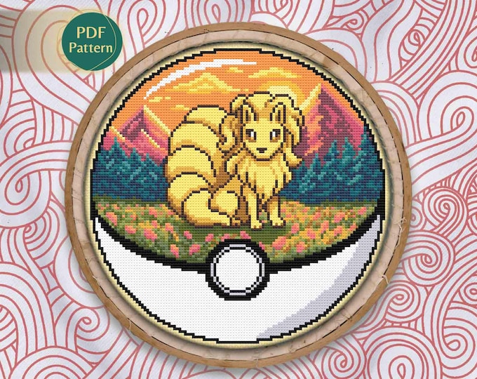 Ninetales Pokeball Cross Stitch PDF – Fire Type Pattern, Spring Stitch, Flower field, Cottagecore, Sunset, Instant Download