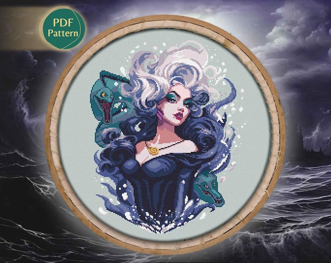 Ursula Cross Stitch Pattern PDF – Sea Witch, Coral Reef, Eels, Ocean Queen, Bubbles, Queen of the Sea, Instant Download