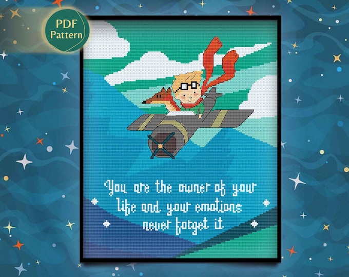 Little Boy & Fox Cross Stitch Pattern – Nursery Decor, Airplane, Clouds, Mountains, Kawaii Style, PDF Download