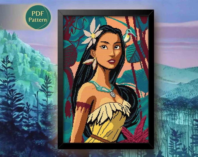 Pocahontas Cross Stitch Pattern PDF – Pocahontas Princess, Colors of the Wind, Meeko, Flit, Autumn Leaves, Instant Download