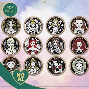 May include: A digital PDF pattern featuring twelve circular illustrations of various female characters with distinct hairstyles and outfits, rendered in black, white, and gold tones. Each circular design is framed by a thin brown border.