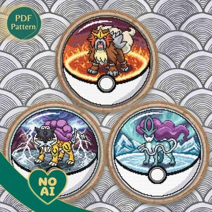 Legendary Beasts Pokeball Cross Stitch Pattern Pack: Raikou, Entei, Suicune Terrarium Trio (PDF Download)