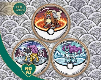 Legendary Beasts Pokeball Cross Stitch Pattern Pack: Raikou, Entei, Suicune Terrarium Trio (PDF Download)