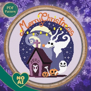 Patrón Punto Cruz Pesadilla Antes de Navidad PDF: Zero Perro Fantasma Bordado Navideño